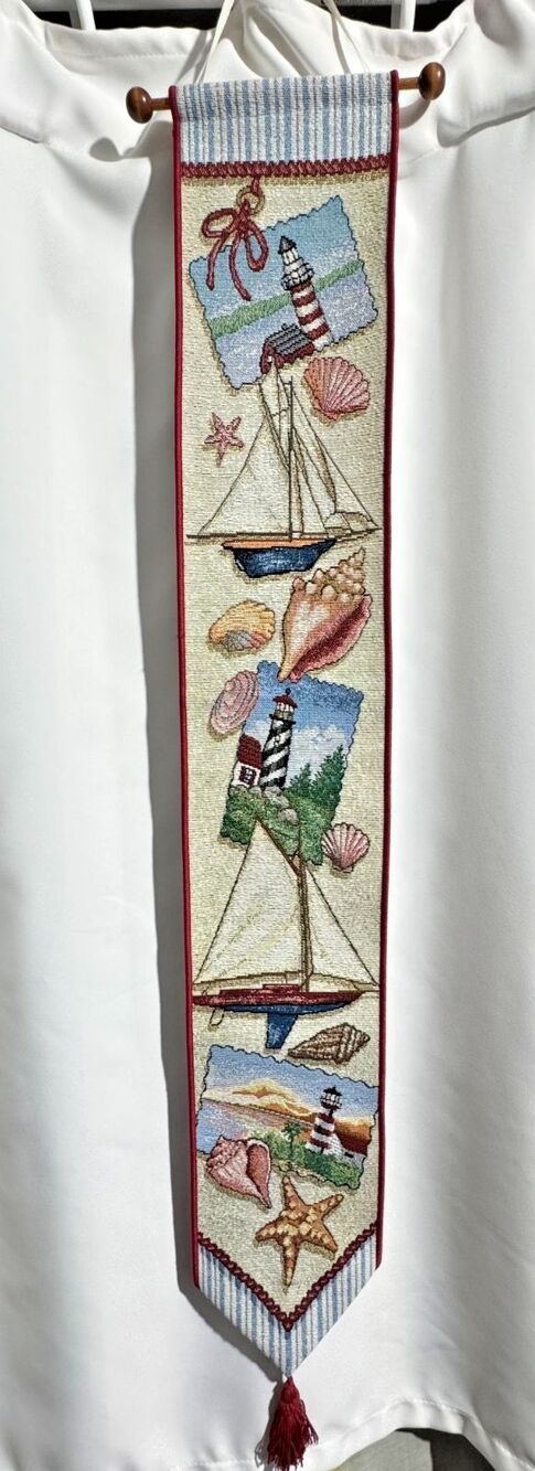 Woven Tapestry Wall Hanging Bell Pull Lighthouses Coastal Beach Shells Nautical